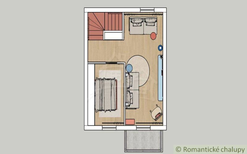 A floor plan of a cabin with a wooden decor floor and comfortable seating.