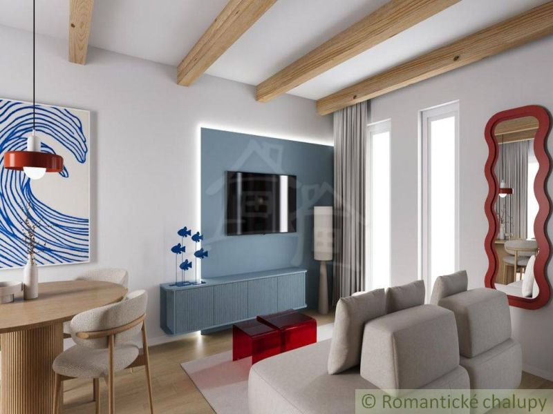 Living room in a cottage with a wood-patterned floor, modern furniture, and decor.