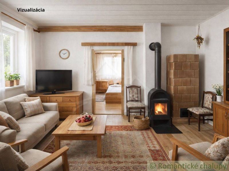 Living room in a family house with a tiled stove and a floor with a wood decor.