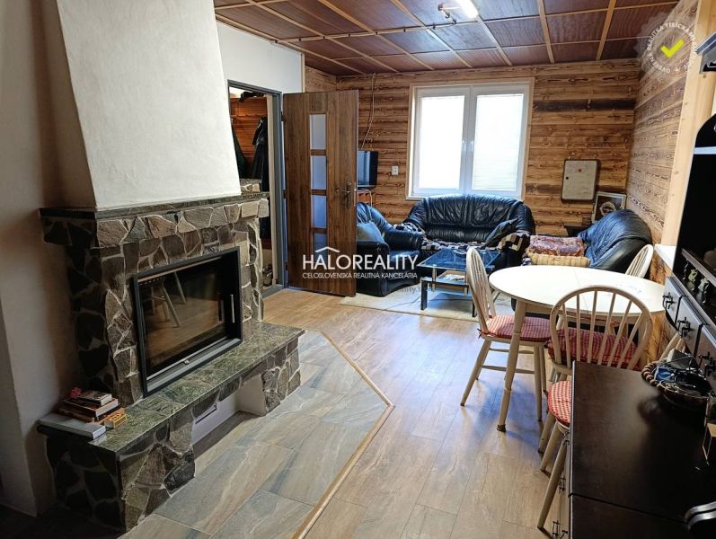 Interior of a cabin with a fireplace, wooden paneling, and a floor with a wood decor.