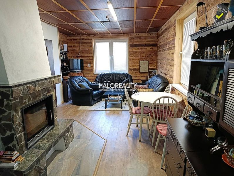 Interior of a cabin with a fireplace, leather sofas, and a wooden decor floor.