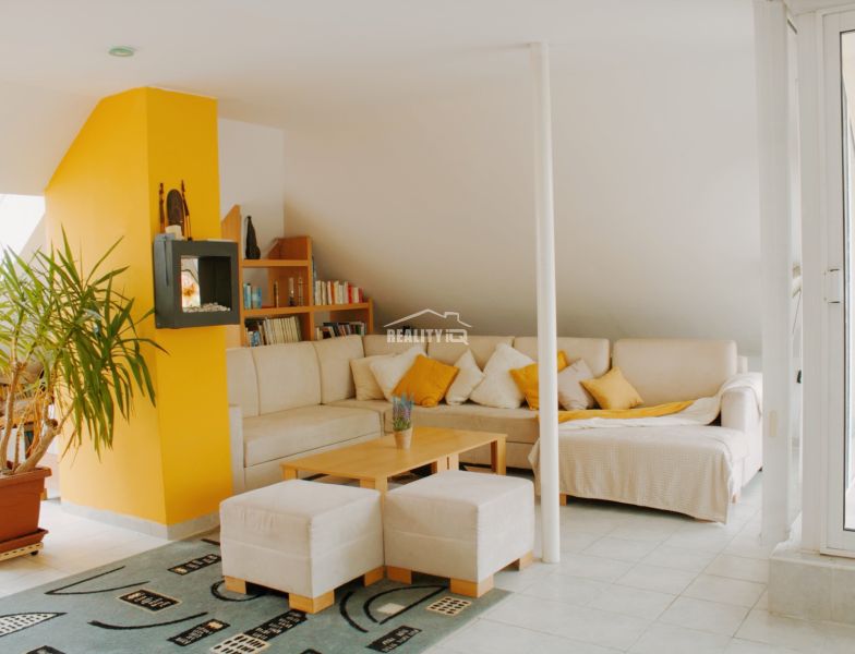 Bright living room with a corner sofa and a plant in a Holiday Apartment.