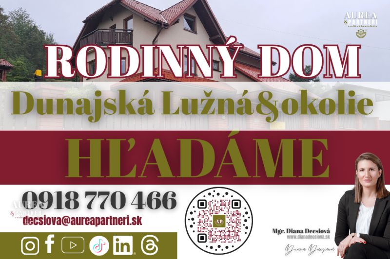 Family house in Dunajská Lužná, contact details and QR code for promotion.