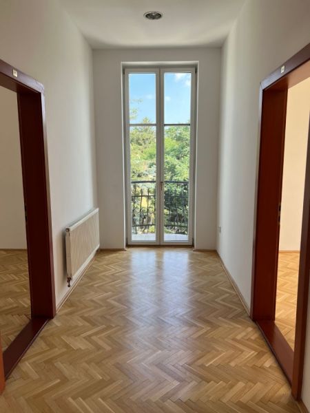 Interior on Štefánikova Street, two doors, parquet flooring, view of greenery from the office.