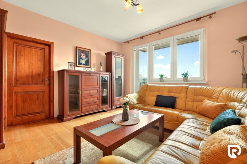 Living room in a three-room apartment with a wooden decor floor and a leather sofa.