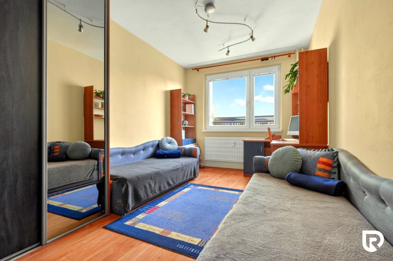 A room in a 3-room apartment with a wooden decor floor, a mirror, and a blue carpet.