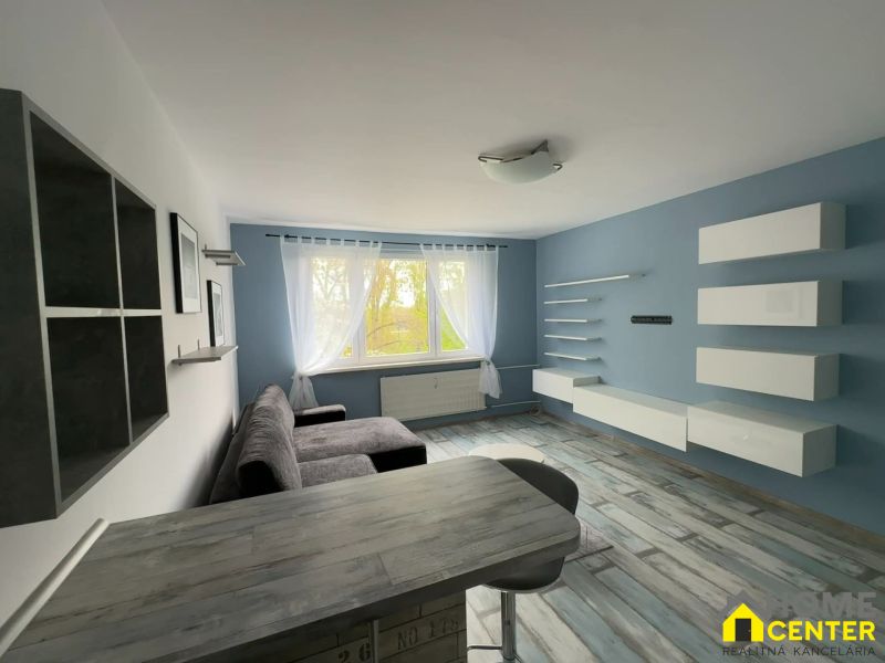 Living area in a studio apartment with a wooden decor floor and blue walls.