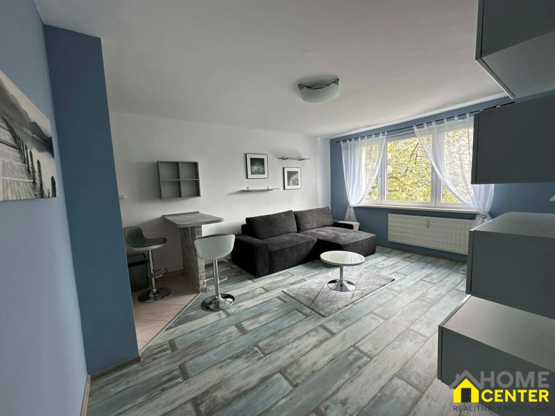 A studio apartment with a sofa, a bar counter, and a wooden decor floor.
