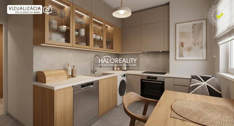 A kitchen in a 3-room apartment with a wooden decor and appliances, pleasant light shades.