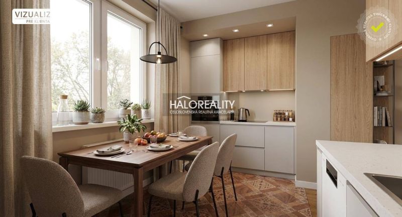 A kitchen in a 3-room apartment with wooden cabinets and a window, flooring with a wooden decor.