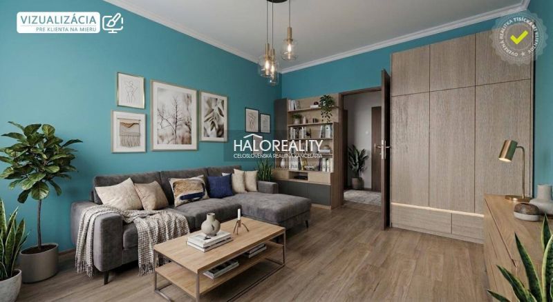 Living room in a 3-room apartment with a sofa, shelves, and a wooden decor floor.