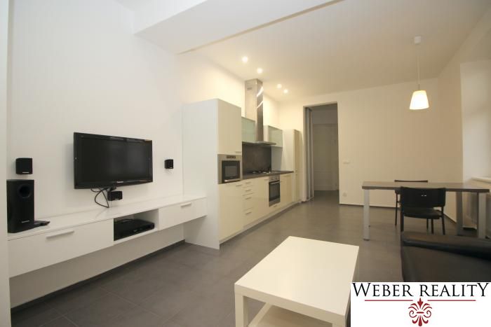 Living room in a two-room apartment with a kitchenette and a TV on the wall.