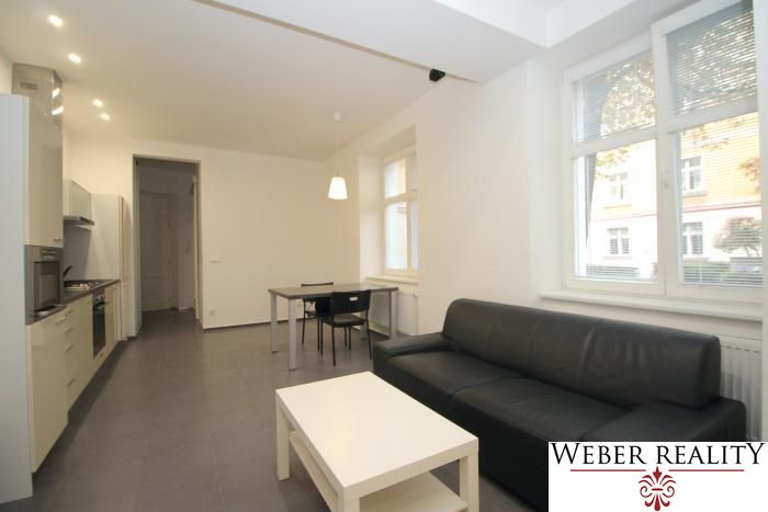 Living room in a two-room apartment with seating, kitchenette, and table on tiles.