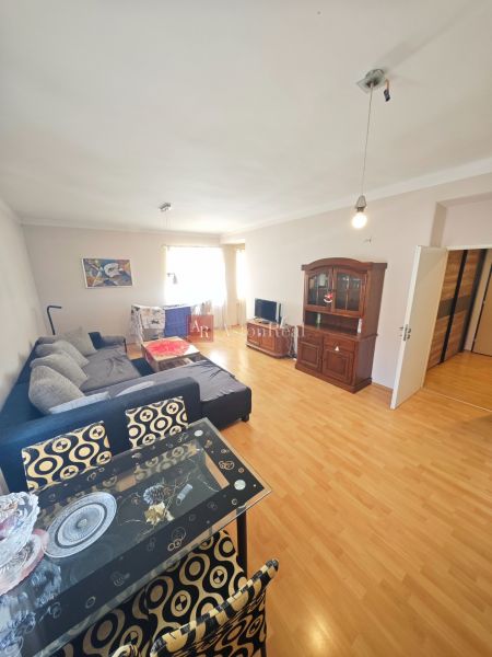 Living room in a two-room apartment with a wooden decor floor and a comfortable sofa.