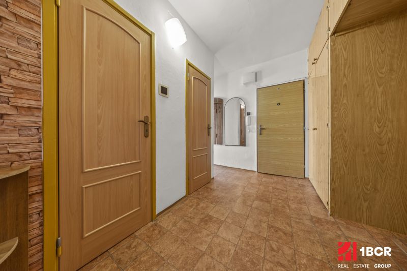 A hallway with doors and a wardrobe in a 3-room apartment.
