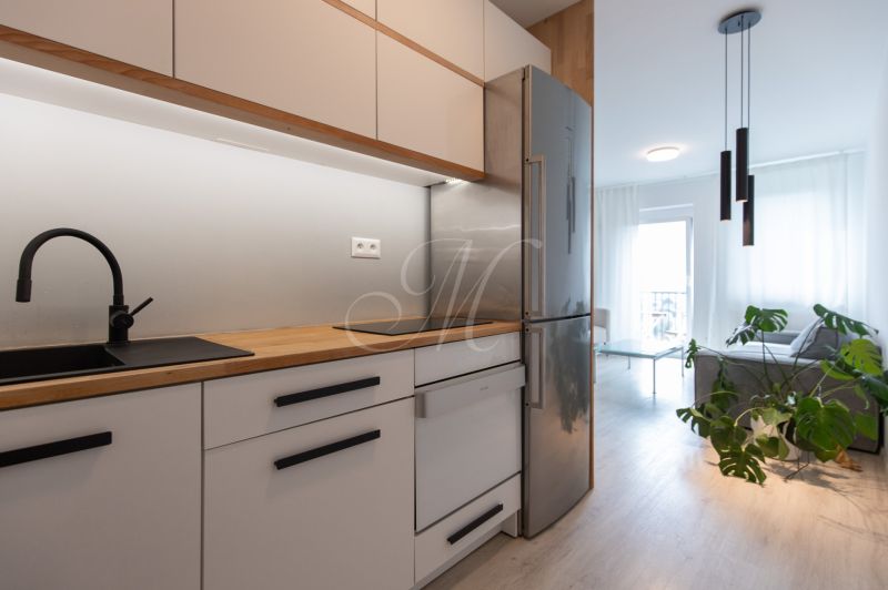A kitchen in a 2-room apartment with a sink, refrigerator, and wooden decor flooring.