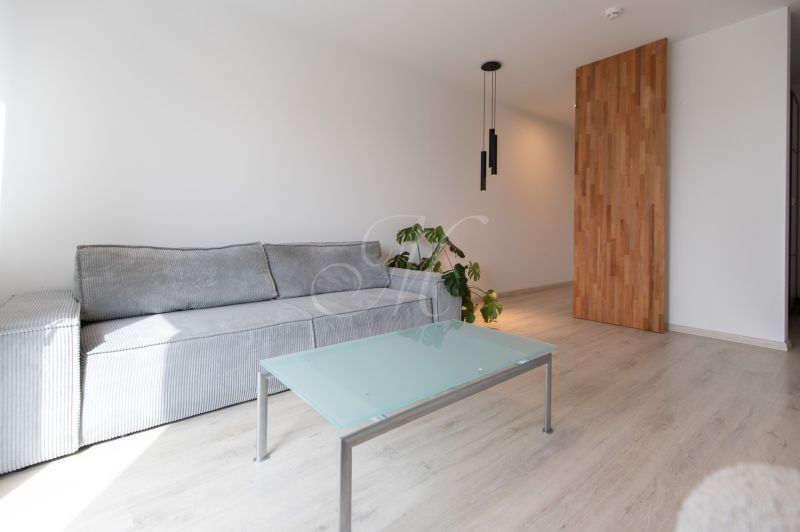 Living room in a two-room apartment with a sofa, glass table, and wooden decor flooring.
