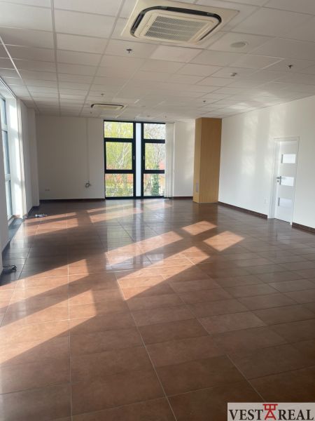 Spacious commercial premises with tiles and large windows, ideal for various purposes.