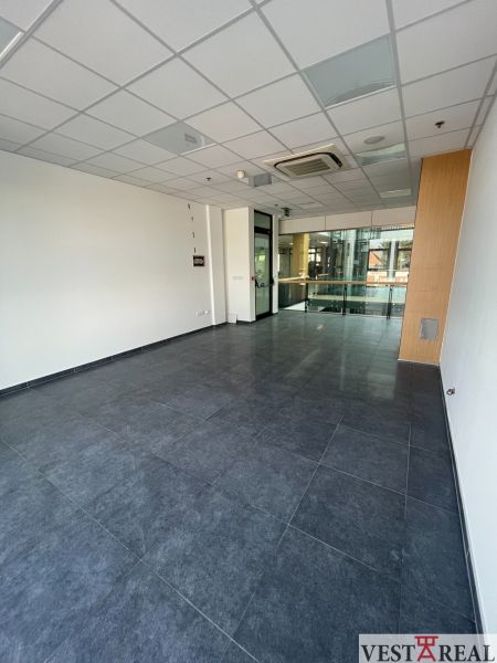 Commercial space with a dark floor, drywall ceiling, and wooden wall decor.