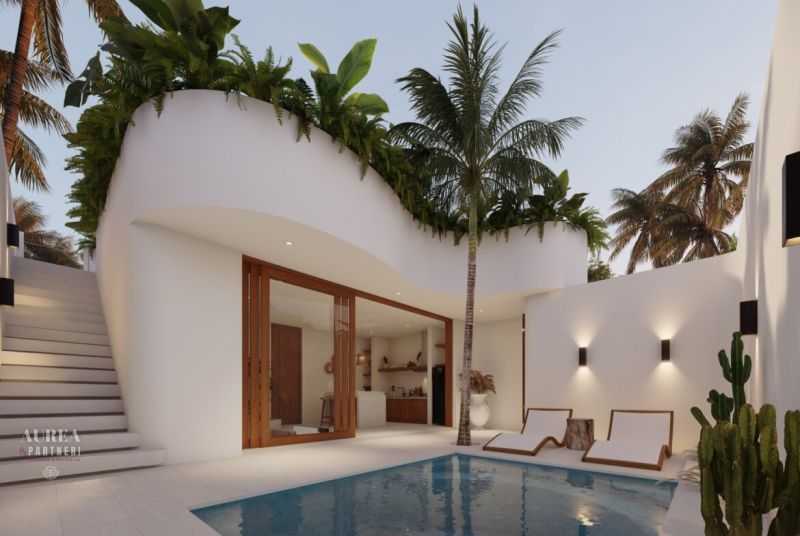 A villa in Bali with a pool, palm trees, and an outdoor staircase, surrounded by tropical greenery.