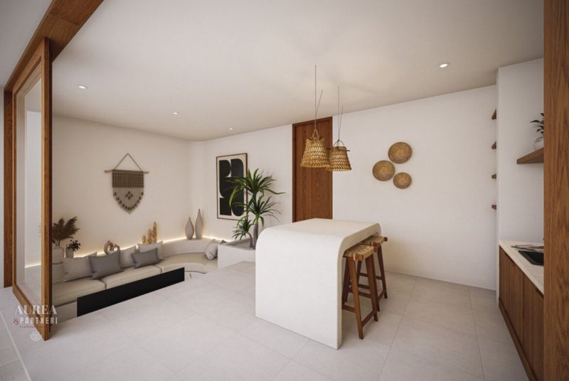 Living room of the villa with white furniture, a houseplant, and natural decorations.