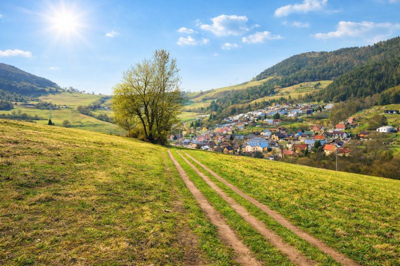 Idyllic landscape in Kotrčina Lúčka with agricultural and forest lands spreading around the village.