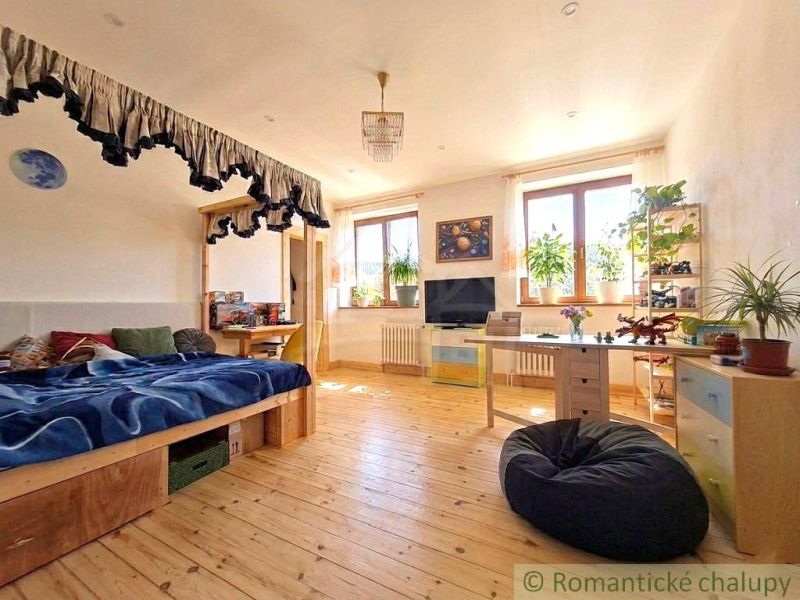 Spacious children's room with wood-patterned flooring, a bed, and decorations.
