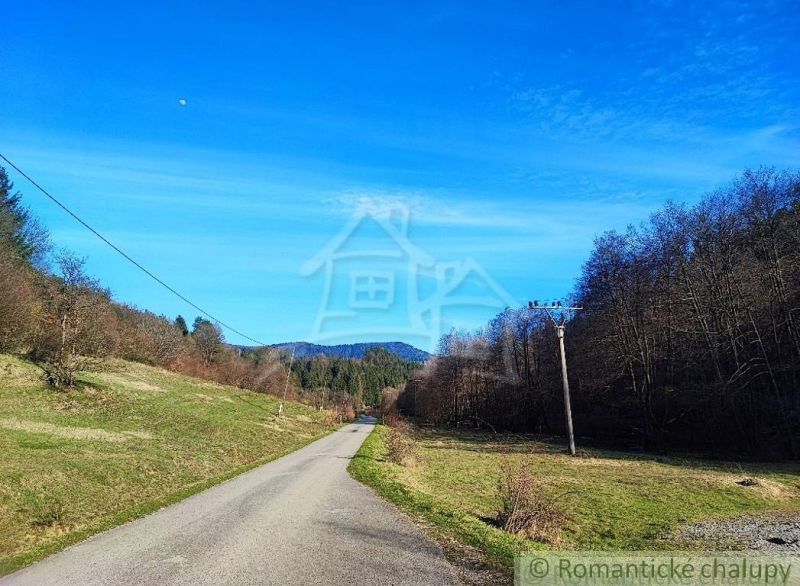 A path leading through nature in the Gardens near Ľubietová with a blue sky and trees.
