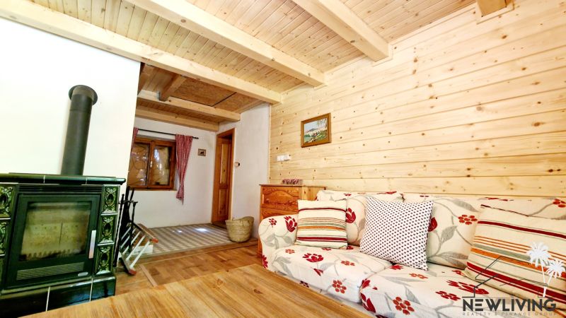 The interior of a cottage with a fireplace, a couch, and a wall made of wooden panels.