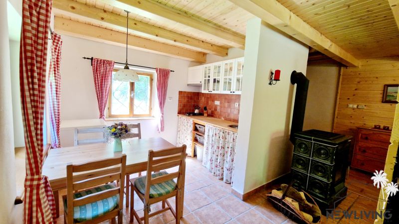 A kitchen in a cabin with a fireplace, view of the wooden ceiling and red curtains.