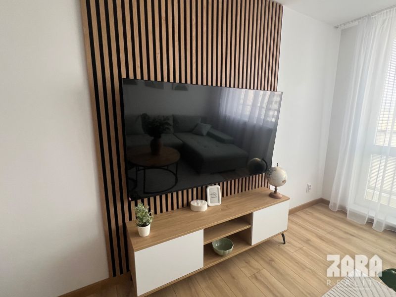 Living room in a 2-room apartment with a TV on a wooden decor and minimalist furniture.