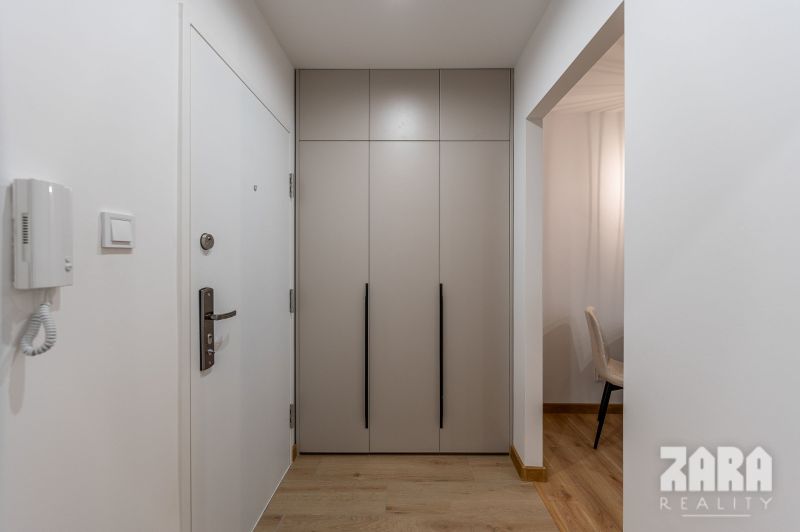 Entrance hallway in a 2-room apartment with a spacious wardrobe and flooring with a wooden decor.