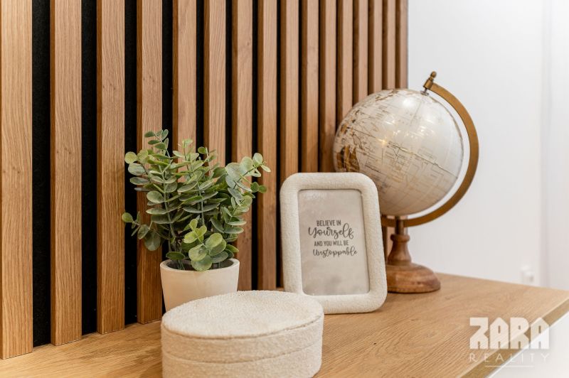 Decorative items on a wooden panel including a globe in a 2-room apartment.