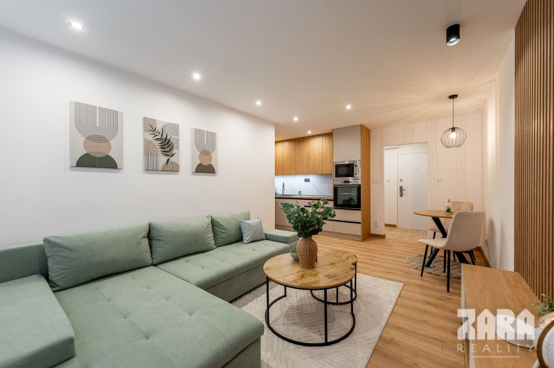 Living room of a two-room apartment with furniture, kitchen, and wooden decor flooring.