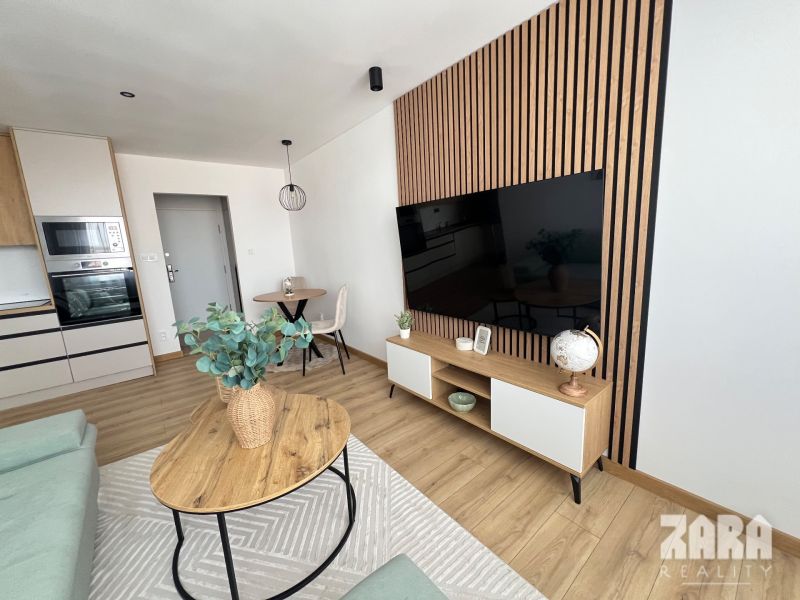 Living room in a two-room apartment with wood decor and minimalist furniture.