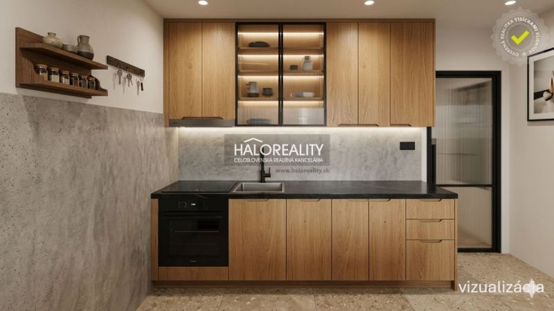 A kitchen in a 4-room apartment with wooden cabinets and decorative lighting.