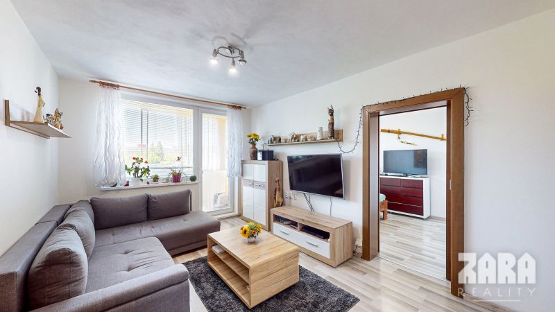 Living room in a 3-room apartment with a gray sofa and a wooden decor floor.