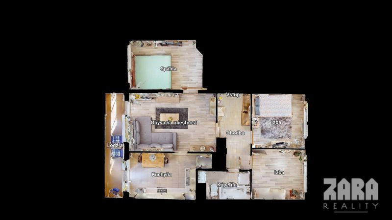 Floor plan of a 3-room apartment with a loggia, kitchen, and two rooms.