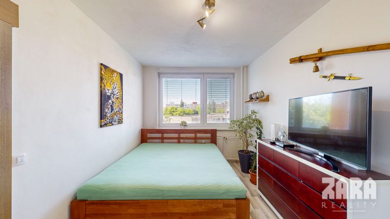 Bedroom in a 3-room apartment with a bed, a picture of a leopard, and a television.