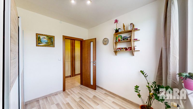 Interior of a room with light walls, wood-decorated flooring, shelves, and greenery.