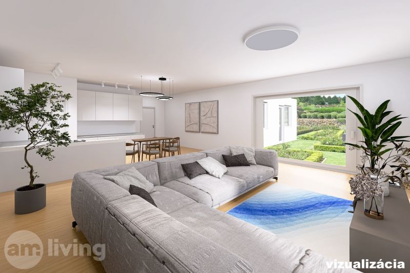 Living room interior in a family house with a sofa and a view of the garden.