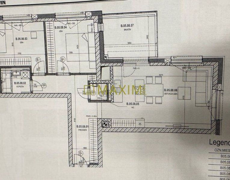 Floor plan of a 3-room apartment with labeled rooms and a balcony.