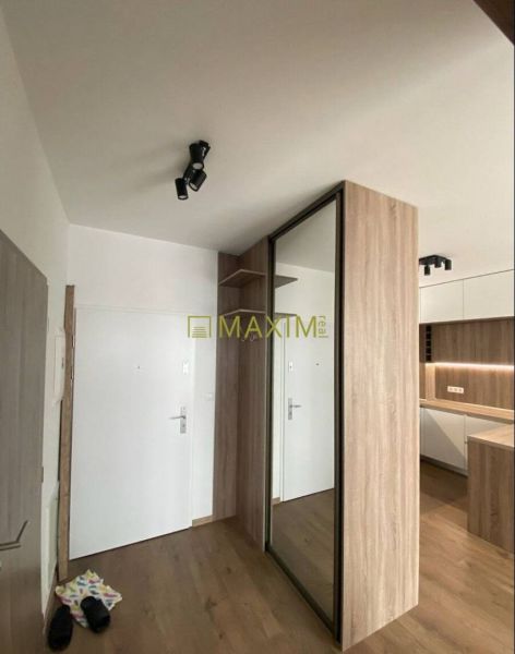 Entrance hallway of a 2-room apartment with wood-patterned flooring and a built-in wardrobe.