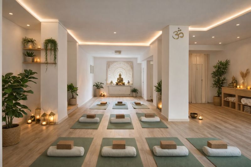 Yoga studio with wood decor flooring, decorations, and exercise mats.