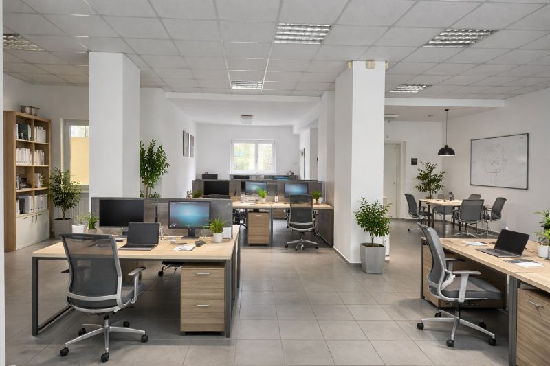 Office business space with desks, chairs, and plants.