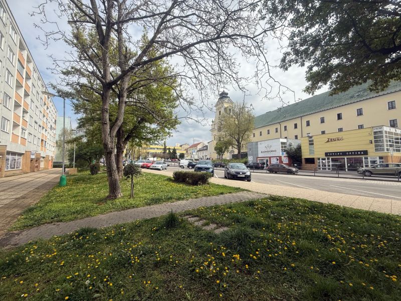 Commercial premises on A. Hlinku Street in Prievidza with a building and cars.