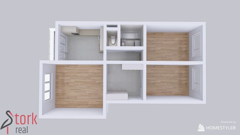 Floor plan of a 3-room apartment with wood-patterned flooring and a kitchen located by the window.