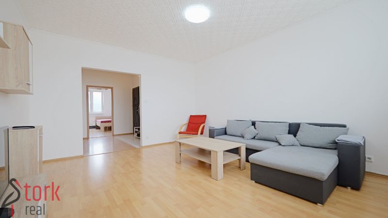 Living room in a 3-room apartment with a sofa and a wooden decor floor.