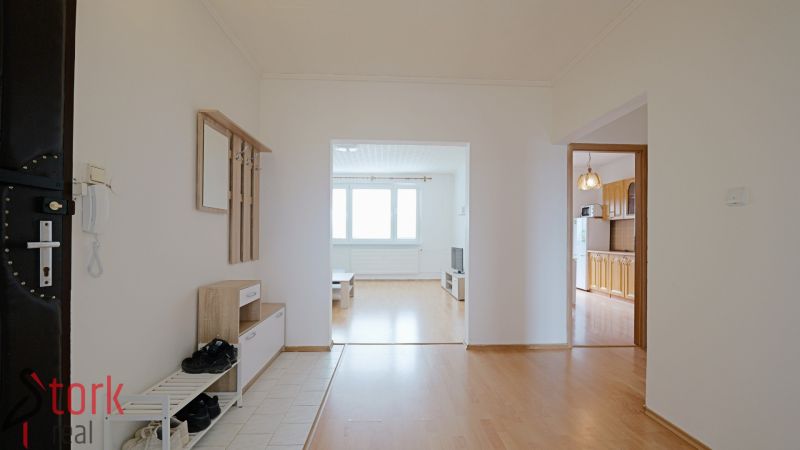 Viewing of the entrance hall and living room with wood-patterned flooring in a 3-room apartment.