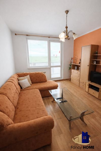 Living room in a two-room apartment with an orange sofa and a wooden decor floor.
